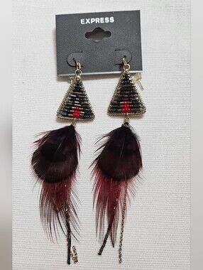 Express Beaded Triangle Feather Dangle Earrings - Burgundy